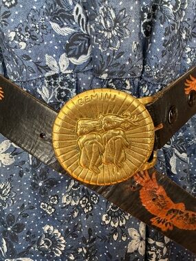Vintage Gold Gemini Zodiac Belt Buckle on Black Leather Belt